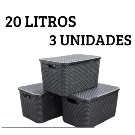 Kit 3 Caixas Organizadoras Cesto Multiuso Rattan 20 Litros Com Tampa Preto Caixa Organizadora TOY 25598