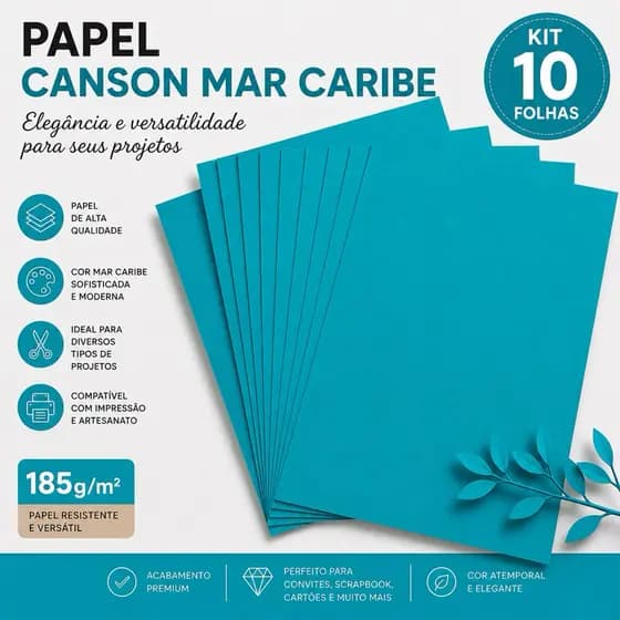 Papel Canson Mar Caribe A4 185g Kit com 10 Folhas Coloridas para Artesanato e Scrapbook