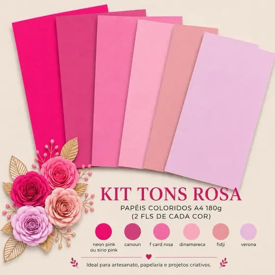 Color Plus Tons Rosa A4 180g Papel Colorido Kit com 12 Folhas para Artesanato e Papelaria