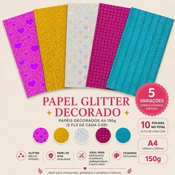 Papel Glitter Decorado A4 150g Kit 10 Folhas Estampadas Coloridas Para Artesanato