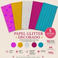 Papel Glitter Decorado A4 150g Kit 10 Folhas Estampadas Coloridas Para Artesanato