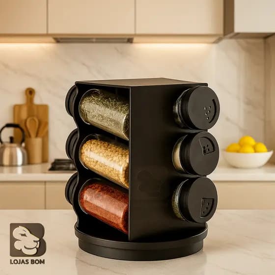 Porta Condimento Tempero De Vidro e Plástico Com 6 Peças 80ml + Suporte Giratório Malta Preto