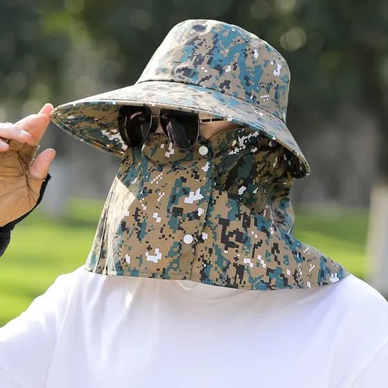 Camuflagem Chapéu De Sol Respirável Máscara Masculino Proteção UV Pesca Pescador Aba Larga Plana Topo Boné Esportes Ao A