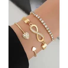 Kit 3 pulseiras braceletes maleável e rígida dourada ouro conjunto strass e infinito de pulseira