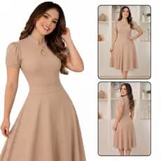 Vestido Feminino Midi Moda Evangélica Elegante Gola Alta Casual Manga Bufante Godê Festa Casamento