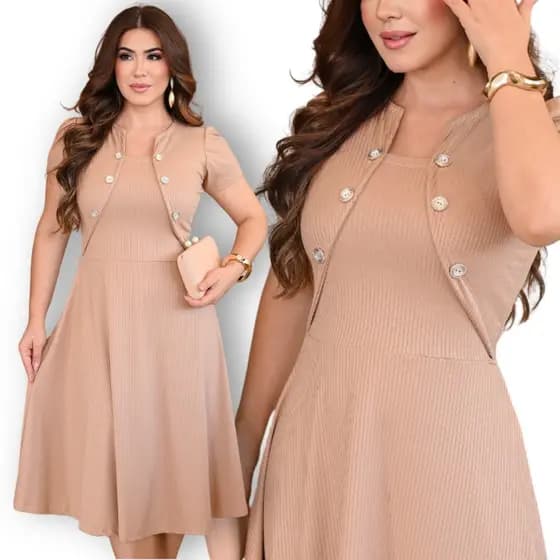 Vestido Feminino Midi Canelado Rodado Evangélico Botão Blazer Fake Casual Elegante Manga Bufante