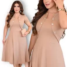 Vestido Feminino Midi Canelado Rodado Evangélico Botão Blazer Fake Casual Elegante Manga Bufante
