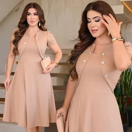 Vestido Feminino Midi Rodado Detalhe Botão e Blazer Embutido Casual Elegante Manga Bufante Premium