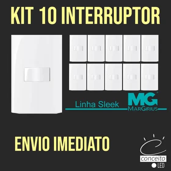 Kit 10 unidades Interruptor Simples / Paralelo - uma Tecla - Margirius Sleek Alto Brilho