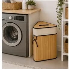 Cesto de Bambu Triangular Forrado Roupas Sujas Banheiro E Lavanderia