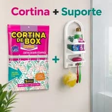 Porta Shampoo + Cortina de Box Estampada Suporte Organizador Banheiro Plástico Kit 2 Peças