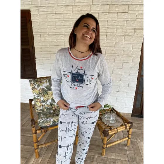 Pijama Coração da Família  Mescla Feminino De Inverno Calça e Manga Cumprida