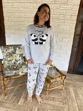 Pijama Panda Estampado Pijama De Frio Longo Feminino Confortável Manga Longa E Calça