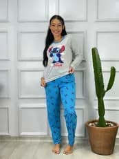 Pijama Stitch Feminino De Inverno Calça e Manga Cumprida Dia Das Mães Família