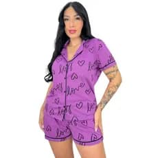 Pijama Americano Com Botão Gola Short Feminino Confortável Dormir Moda