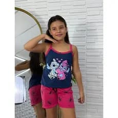 Baby Doll Stitch Azul Infantil Alcinha Verão Short Doll Feminino