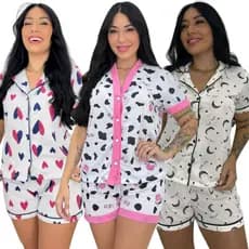 Pijama Americano Com Botão Gola Feminino Short Confortável Dormir Moda