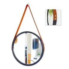 Espelho Adnet Preto Redondo Com Alça de Couro Marrom 33cm - Preto e Marrom