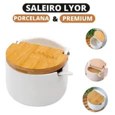 Saleiro De Porcelana Com Colher E Tampa De Bambu Lyor
