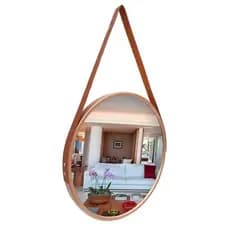 Espelho Pendurado Redondo Com Alça de Couro 33cm Adnet - Rose Gold
