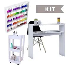 Kit Mesa Manicure + Carrinho Auxiliar Multiuso + Expositor Prateleira de Esmaltes