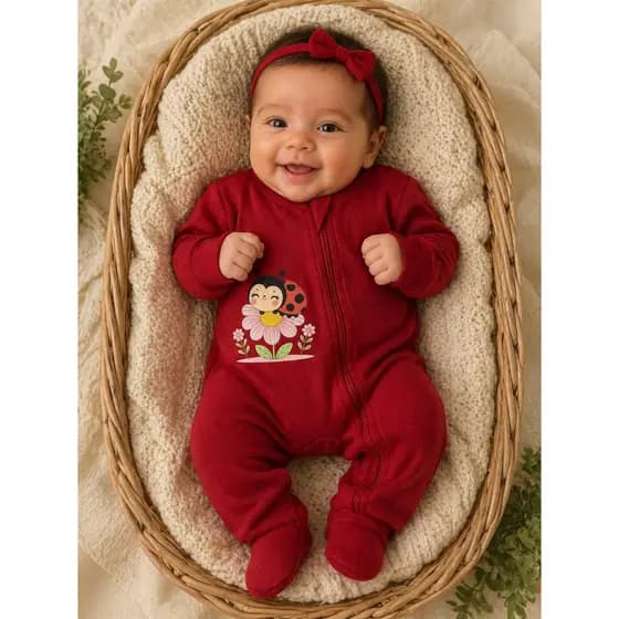 Macacão Bebê menina Joaninha em Suedine 100% Algodão Zíper Frontal Conforto e Delicadeza
