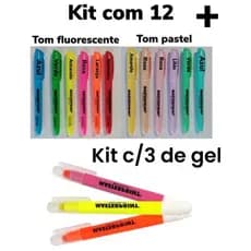 Kit 12 caneta Marca Texto (6 Neon + 6 pastel) + 3 Marca Texto Gel Amarela Rosa Laranja Masterprint