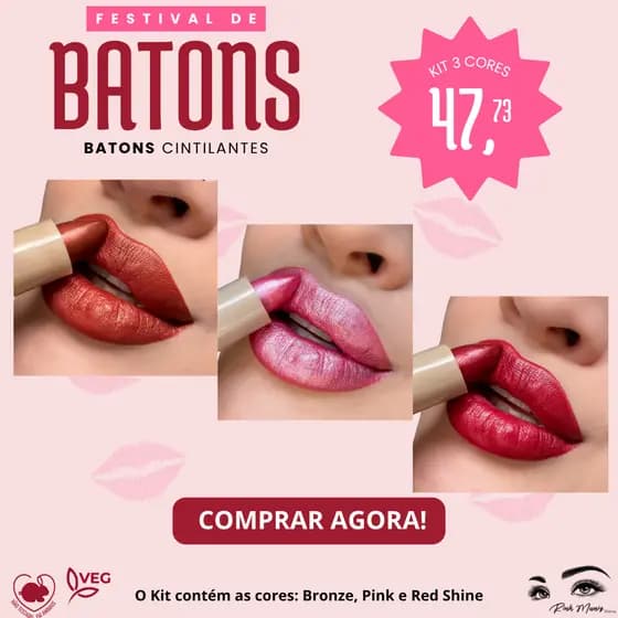 Kit 3 Batons Cintilantes Mahav Red Pink e Bronze