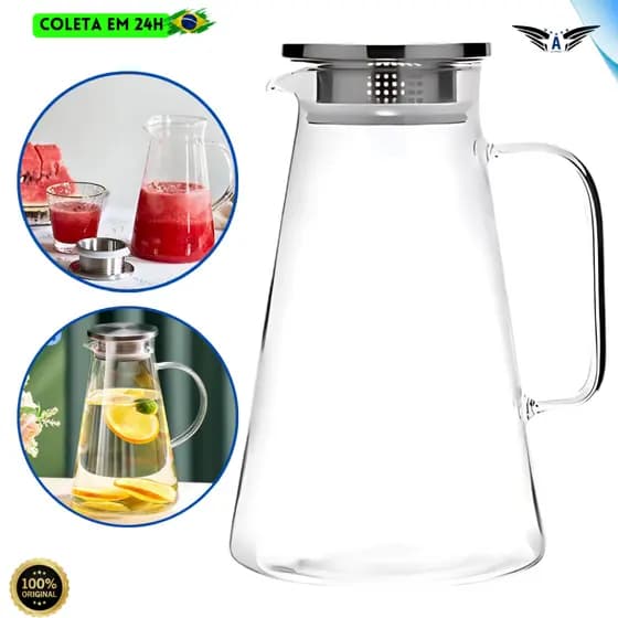 Jarras De Vidro Borossilicato 1,8L e 1,4L Transparente Lisa Canelada Tampa Inox com Filtro