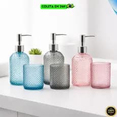 Kit Banheiro 2 Peças Conjunto Dispenser E Porta Escova De Vidro Lavabo Moderno Cores Diversas