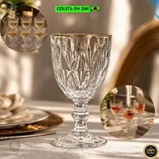 Jogo 6 Taças Diamond Borda Dourada Vidro 330ml Conjunto Transparente Água Vinho Drinks Elegancia