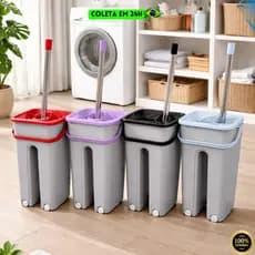 Mop Flat Rodo Esfregão Balde Duplo Compacto Retangular Limpeza 5 Litros Refil 100% Microfibra Mágico