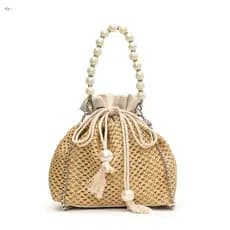 Bolsa Balde De Palha Tecida À Mão Feminina De Ombro Retrô Crossbody Com Alça Larga Praia De Verão De Tecido Natural De G