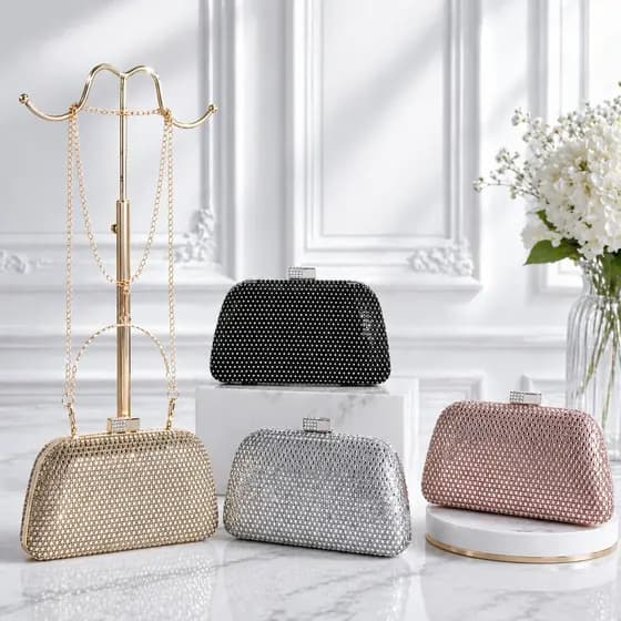 Bolsa Clutch Feminina Luxo Strass Brilho Metalizada Bolsa de Festa Elegante para Casamento, Formatura e Eventos com Alça