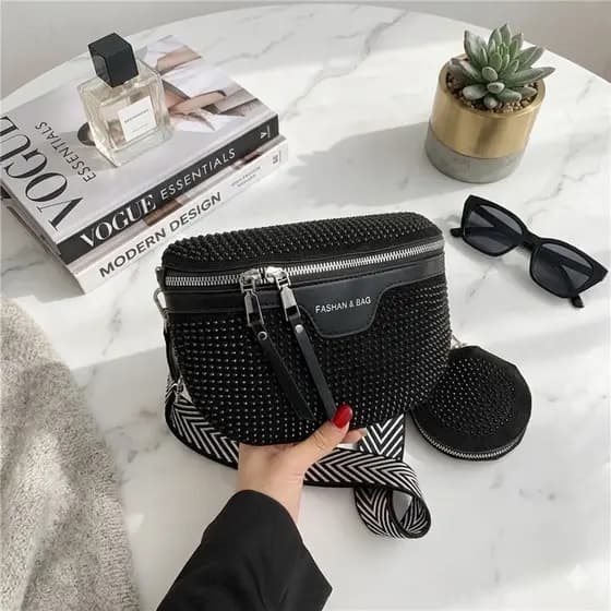 Bolsa Pochete Feminina Brilhante com Strass + Mini Porta Moedas | Bolsa Transversal Fashion Luxo