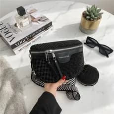 Bolsa Pochete Feminina Brilhante com Strass + Mini Porta Moedas | Bolsa Transversal Fashion Luxo