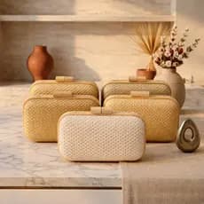 Bolsa Clutch Feminina Luxo em Palha com Madeira – Bolsa Elegante para Festa, Casamento e Eventos – Moderna e Sofisticada