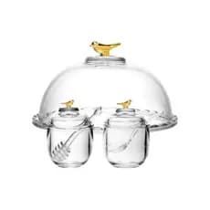 Kit Café Da Manha Meleira Açucareiro Queijeira Cristal Bird Dourado Porta Mel Açúcar Frios Queijo
