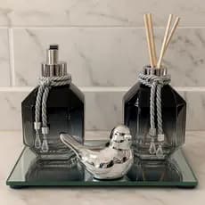 Kit Lavabo Vidro Scarlet 250ml Porta Sabonete e Difusor Aromatizador Com Bandeja Espelho Passarinho