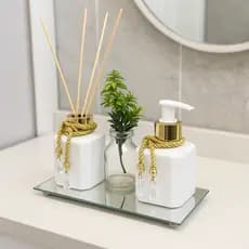 Banheiro Kit Plástico 200ml Difusor Aromatizador e Saboneteira Com Bandeja Espelhada e Vaso Planta