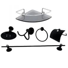 Kit Para Banheiro 05 Peças Aço Inox preto fosco + Porta Shampoo Prateleira com Grade e Vidro(6mm) Canto fumê