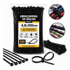 Kit 500un Abraçadeira Nylon Enforca Gato Preta 4,8x300mm