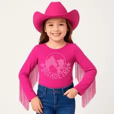 Body Infantil Ana Castela Country Rosa Pink | Manga Longa Menina C/Franja Tam. 4 ao 16.