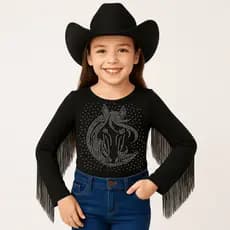 Body Infantil Ana Castela Country Preto com Strass | – Bore Manga Longa Menina C/Franja Tam. 4 ao 16