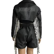 Conjunto Boiadeira Infantil Preto com Franjas de Paetê, Strass BOIADEIRA Luxo, Estilo Ana Castela