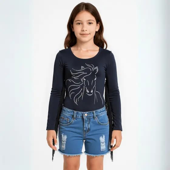 Body Infantil Country Premium – Manga Longa com Estampa de Cavalo e Franjas