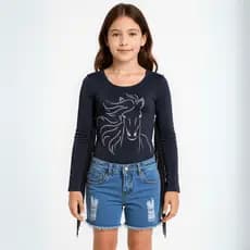 Body Infantil Country Premium – Manga Longa com Estampa de Cavalo e Franjas