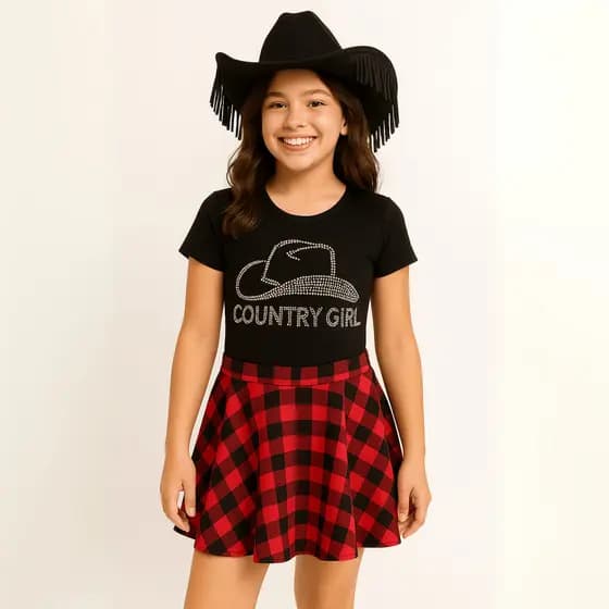 Body Infantil Preto Strass Country Girl Suplex Grosso 320g – Confortável, Manga Curta Tam. 4 ao 16