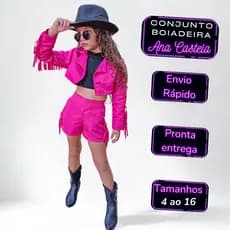 Conjunto Fantasia Boiadeira Menina Infantil Rosa Pink Cropped Preto - Estilo Exclusivo Ana Castela