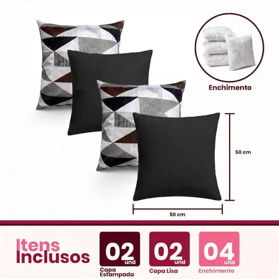 04 Almofadas Cheias Estampadas Modernas Decorativas 50x50 Lançamento Novidade Com Refil Floco Espuma
